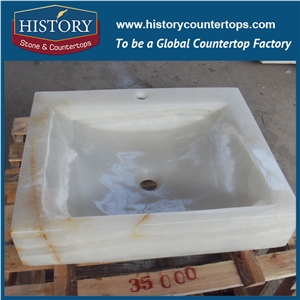 Modern Western Style Anti-Scratch White Onyx Stone Sink, Unique and Colorful Natural Rectangle Onyx Stone Sink with Single Hole