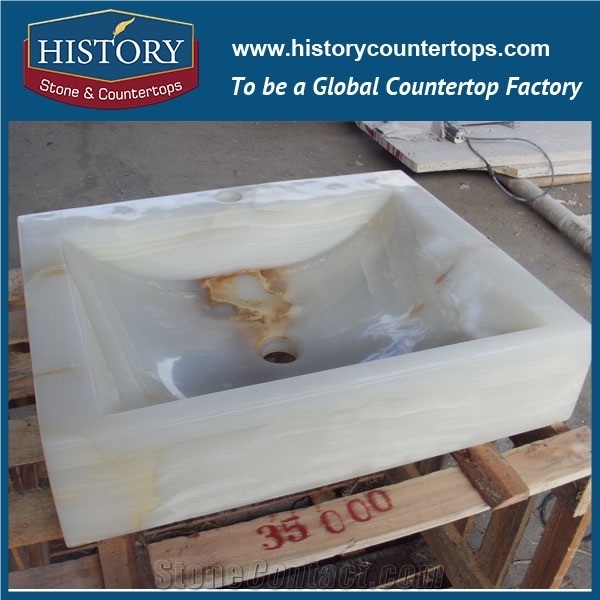 Modern Western Style Anti-Scratch White Onyx Stone Sink, Unique and Colorful Natural Rectangle Onyx Stone Sink with Single Hole