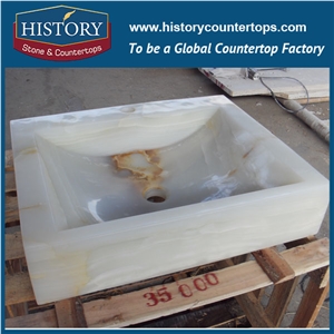 Modern Western Style Anti-Scratch White Onyx Stone Sink, Unique and Colorful Natural Rectangle Onyx Stone Sink with Single Hole