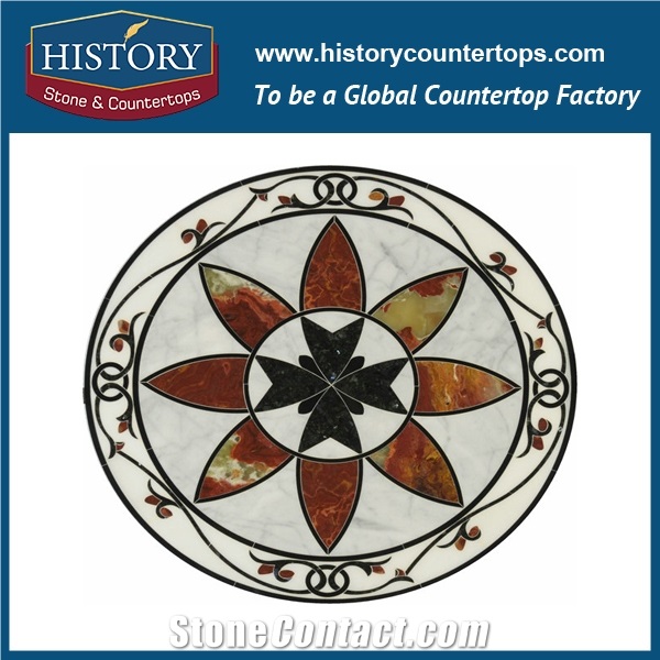 Natural Bianco Carrara White and Black Marble Stone, Cnc Water Jet Cutting Flooring Decorative Mosaic Tiles, Round Flower Pattern Medallions