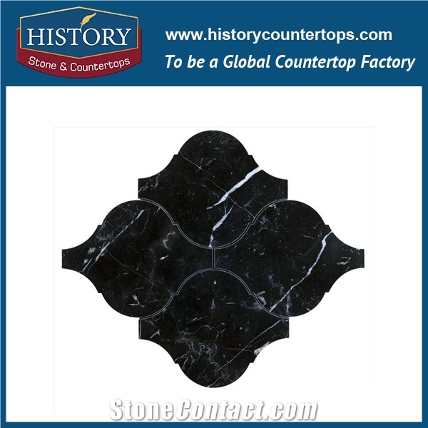 Natural China Nero Marguia Black Marble Lantern Shaped Arabesque Pattern Engineered Mosaic Tile for Garage and Pool, Wall and Flooring Stone Mosaic