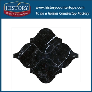 Natural China Nero Marguia Black Marble Lantern Shaped Arabesque Pattern Engineered Mosaic Tile for Garage and Pool, Wall and Flooring Stone Mosaic