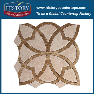 Natural Cream Marfil and Light Emperador Marble Design Flower Shaped High Pressure Water Jet Cutter Pipes Backsplash, Inlay, Floor Mosaic Stone Tiles