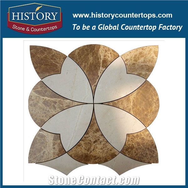 Natural Cream Marfil and Light Emperador Marble Design Flower Shaped High Pressure Water Jet Cutter Pipes Backsplash, Inlay, Floor Mosaic Stone Tiles