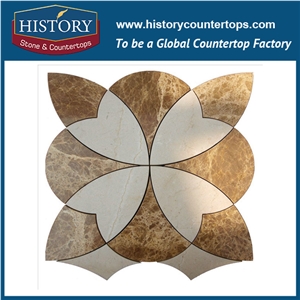 Natural Cream Marfil and Light Emperador Marble Design Flower Shaped High Pressure Water Jet Cutter Pipes Backsplash, Inlay, Floor Mosaic Stone Tiles