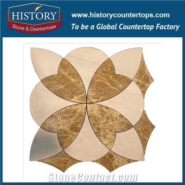 Natural Cream Marfil and Light Emperador Marble Design Flower Shaped High Pressure Water Jet Cutter Pipes Backsplash, Inlay, Floor Mosaic Stone Tiles