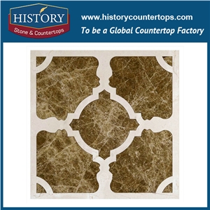 Natural Cream Marfil and Light Emperador Marble Design Flower Shaped High Pressure Water Jet Cutter Pipes Backsplash, Inlay, Floor Mosaic Stone Tiles
