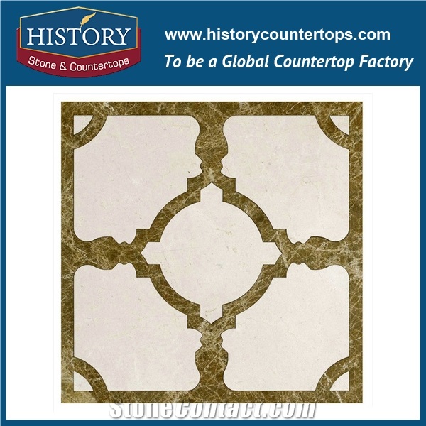 Natural Cream Marfil and Light Emperador Marble Design Flower Shaped High Pressure Water Jet Cutter Pipes Backsplash, Inlay, Floor Mosaic Stone Tiles