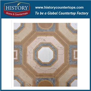 Natural Cream Marfil, White Jade, Jerusalem Gold, Filetto Rosso Marble Hexagon Edge Water Jet Cutting Stone Mosaic Tiles for Bathroom Wall Cladding