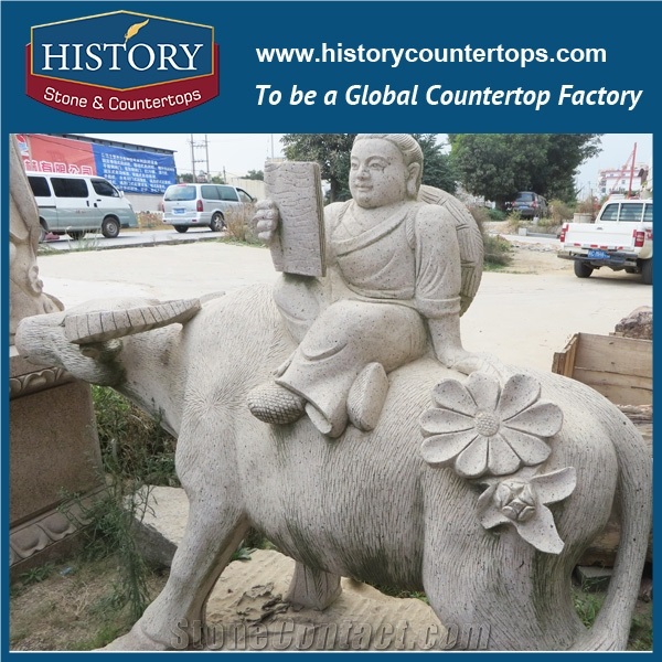 Natural Granite Yellow Hand-Carved Little Boy on the Bull Statue for Decorations, Human Stone Sculptures Arts for Sale