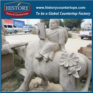 Natural Granite Yellow Hand-Carved Little Boy on the Bull Statue for Decorations, Human Stone Sculptures Arts for Sale