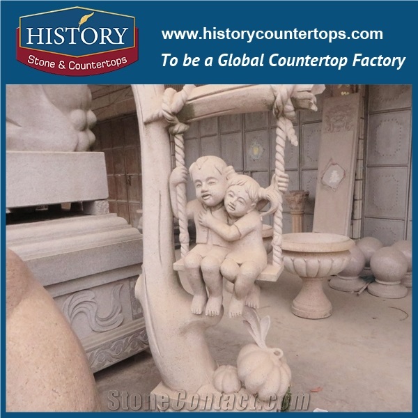 Natural Granite Yellow Hand-Carved Little Boy on the Bull Statue for Decorations, Human Stone Sculptures Arts for Sale