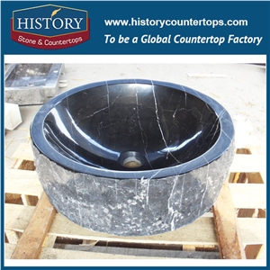 Nero Marquina Black Marble Sink Round Shape, Natural High Polished Marble Sink Wash Basin from Chinese Factory Direct Sale