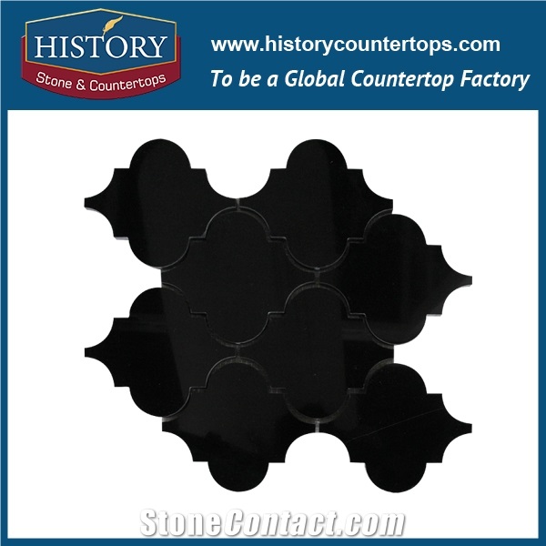 Polished Dark Marble Natural Stone Lantern Shaped Arabesque Pattern Mosaic Artistic Tiles, Home Used Decorative Flooring Inlay & Wall Arts Mosaic