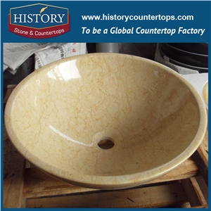 Pure Hand Craft Luxury Cheapest Natural Marble Stone Sink Basin, Honey Beige Color Beautiful Round Shape Sink Basin for Outdoor