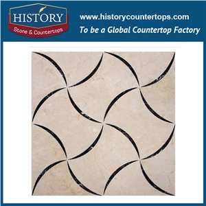 Spain Cream Marfil and European Network Natural Marble Stone Water Jet Cutting Wavy Basket Weave Pattern Mosaic Artistic Floor and Wall Tiles