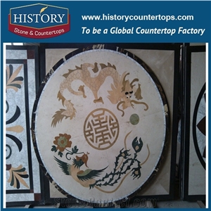Spain Cream Marfil Beige, Black and Gold Marble, Cnc Water Jet Cutting Mosaic Tiles, Round Pattern Dragon and Phoenix Artistic Decoration Medallions
