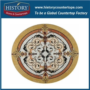 Spain Cream Marfil Beige Carrara White and Black Natural Marble Designs Water Jet Cut Inlay Mosaic Tiles Round Medallions for Villa Hotel Mall Lobby