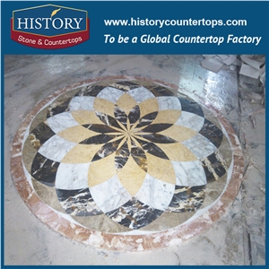 Spain Cream Marfil Beige, Carrara White, Black and Gold Natural Stone Marble Designs, Round Chrysanthemum Pattern Interior Decorative Medallions