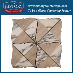 Water Jet Cutter Coloured Grey and Portoro Gold Marble Triangle Shaped Stone Mosaic Design Artistictiles for Kitchen Backsplash and Bathroom Wall