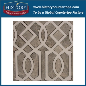 Water Jet Cutter Coloured Grey and Portoro Gold Marble Triangle Shaped Stone Mosaic Design Artistictiles for Kitchen Backsplash and Bathroom Wall