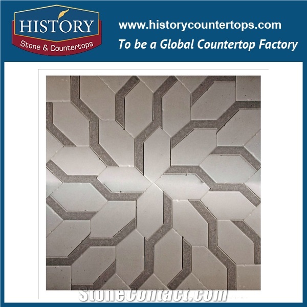 Water Jet Cutter Coloured Grey and Portoro Gold Marble Triangle Shaped Stone Mosaic Design Artistictiles for Kitchen Backsplash and Bathroom Wall
