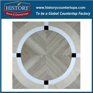 Water Jet Cutting Wooden Stone, White Jade, Cream Marfil Marble Ring Round Pattern Mosaic Tiles for Kitchen Backsplash and Bathroom Flooring Inlay