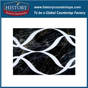 White Thassos, Gold Blue Stone Marble Designs, Water Jet Cut Wave Pattern Discount Mosaic Tiles Supply for Subway Garage, Natural Stone Inlay Mosaic