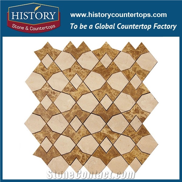 White Thassos, Gold Blue Stone Marble Designs, Water Jet Cut Wave Pattern Discount Mosaic Tiles Supply for Subway Garage, Natural Stone Inlay Mosaic