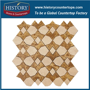 White Thassos, Gold Blue Stone Marble Designs, Water Jet Cut Wave Pattern Discount Mosaic Tiles Supply for Subway Garage, Natural Stone Inlay Mosaic