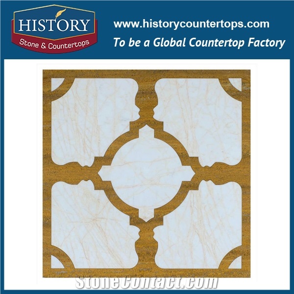 Yellow Travertine and Gold Spider Marble Stone Flower Pattern Flow Water Jet Cutting Parts Mosaic Tiles for Kitchen Backsplash, Wall and Inlay Used