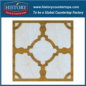 Yellow Travertine and Gold Spider Marble Stone Flower Pattern Flow Water Jet Cutting Parts Mosaic Tiles for Kitchen Backsplash, Wall and Inlay Used