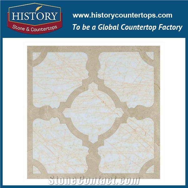 Yellow Travertine and Gold Spider Marble Stone Flower Pattern Flow Water Jet Cutting Parts Mosaic Tiles for Kitchen Backsplash, Wall and Inlay Used