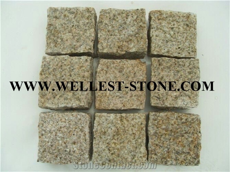 G682 Yellow Beige Granite Cube Stone Driveway Paving Cobble Stone Patio/Garden/Courtyard Paving Cube Stone