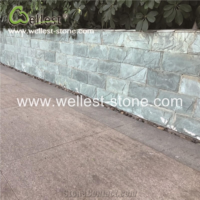 Natural Green Slate Split Mushroom Pillow Face Castle Stone Strip Veneer for Feature and Garden Exterior Wall Cladding