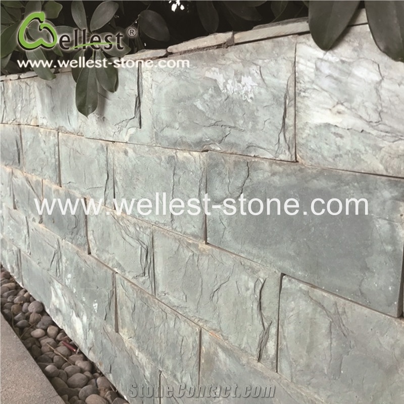 Natural Green Slate Split Mushroom Pillow Face Castle Stone Strip Veneer for Feature and Garden Exterior Wall Cladding