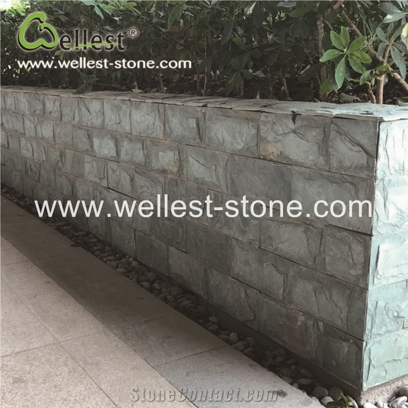 Natural Green Slate Split Mushroom Pillow Face Castle Stone Strip Veneer for Feature and Garden Exterior Wall Cladding