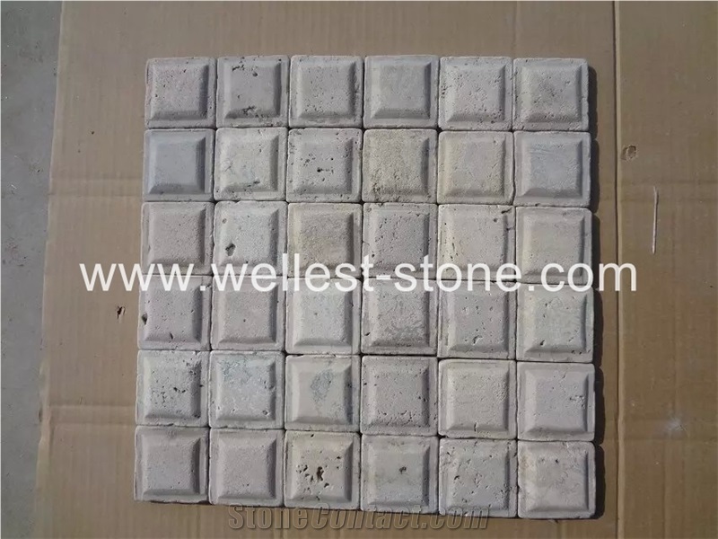 Natural Travertine Mosaic Tile, Square Cobble Mosaic Stone, Honed Wall Cladding Mosaic Tile