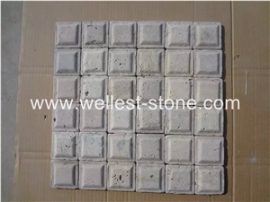 Natural Travertine Mosaic Tile, Square Cobble Mosaic Stone, Honed Wall Cladding Mosaic Tile