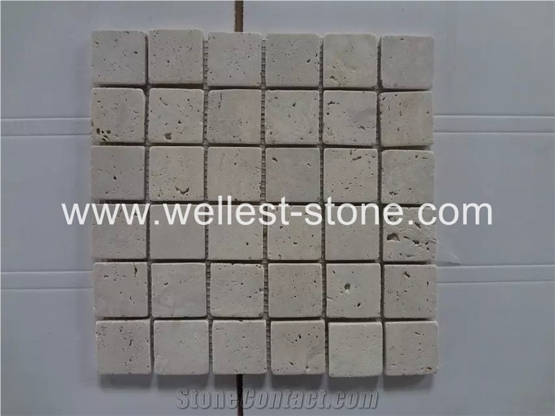 Natural Travertine Mosaic Tile, Square Cobble Mosaic Stone, Honed Wall Cladding Mosaic Tile
