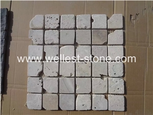 Natural Travertine Mosaic Tile, Square Cobble Mosaic Stone, Honed Wall Cladding Mosaic Tile