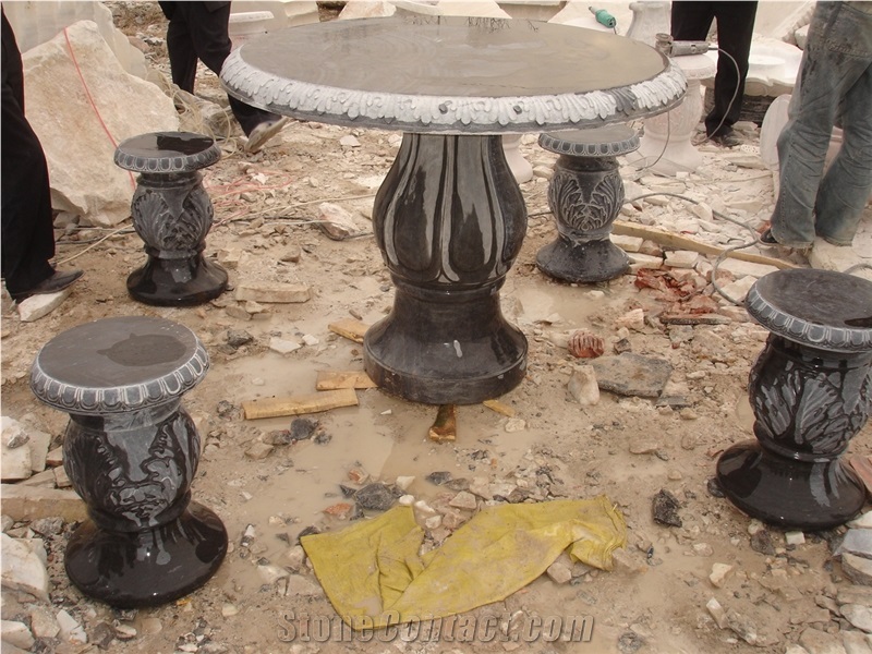 Black Limestone Table & Stool, Black Limestone Bench & Table