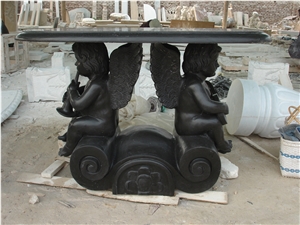 Black Marble Table with Cherub Sculpture