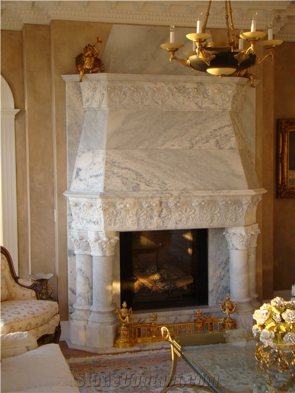 Hand Carved White Veins Marble Double Fireplace Mantel Surround