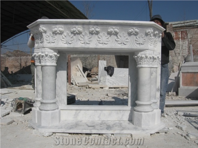 Hand Carved White Veins Marble Double Fireplace Mantel Surround