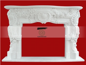 White Marble Fireplace Mantel Surround with Carved Sculpture