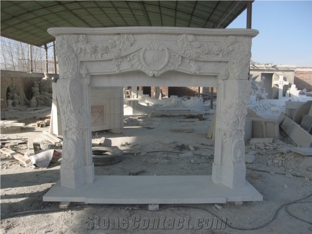 White Marble Fireplace Mantel Surround with Carved Sculpture