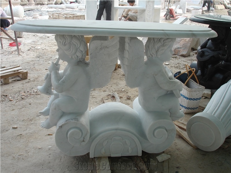 White Marble Table with Cherub Sculpture