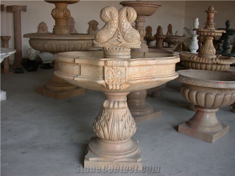 Yellow Marble Fountain with Fish Sculpture