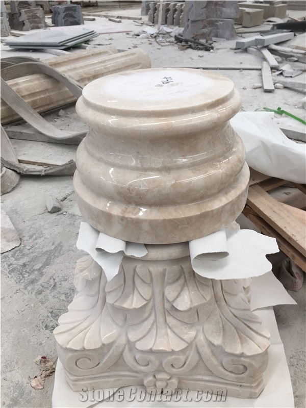 Beige Marble Polished Column ,Marble Roman Column Tops&Base, Engineered Stone Columns